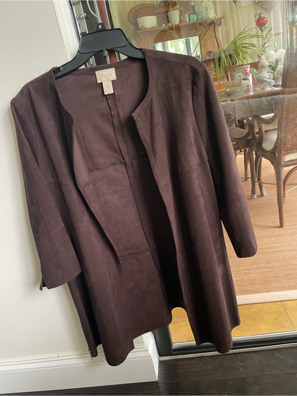 Chico's Dark Brown Collarless Suede-Look Open Jacket size 2
